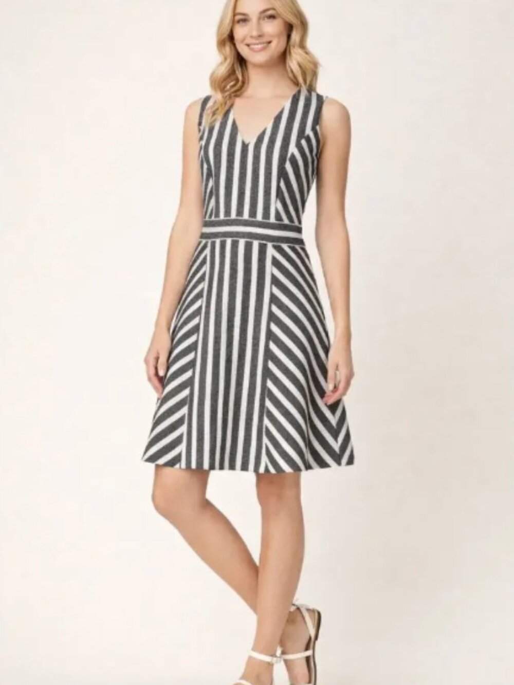 JCrew Women's Black White Striped V Neck Sleeveless A Line Dress